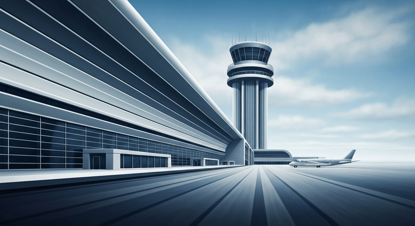 A bold, geometric illustration in the Art Deco style, featuring a towering, streamlined airport terminal or control tower in shades of blue, gray, and silver, conceptually representing the technical and architectural grandeur of air travel.