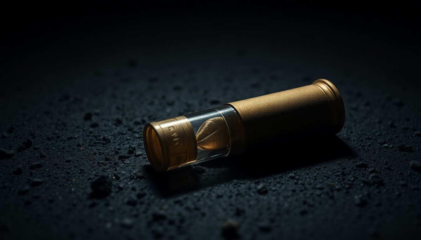 An extreme close-up of a spent shell casing on a dark, textured surface, lit by a harsh, direct camera flash, conveying a stark, gritty, and investigative aesthetic.