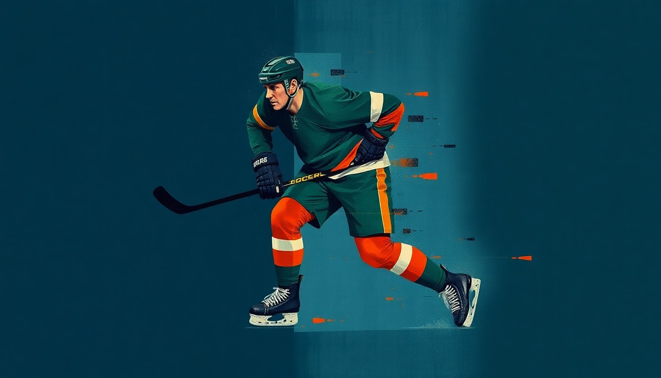 A cubist-style painting depicting a hockey player in mid-stride, with their body broken down into sharp, overlapping geometric shapes in a palette of dark blue, forest green, and burnt orange, conveying the dynamic and physical nature of the sport.