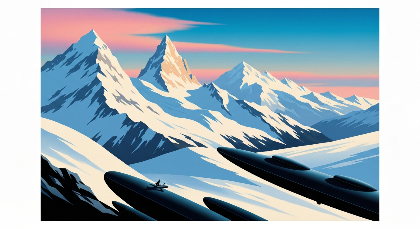 A bold, geometric illustration depicting the towering, snow-capped mountains of the Canadian Rockies, rendered in sweeping gradients of blues and whites that evoke the grandeur of the landscape.