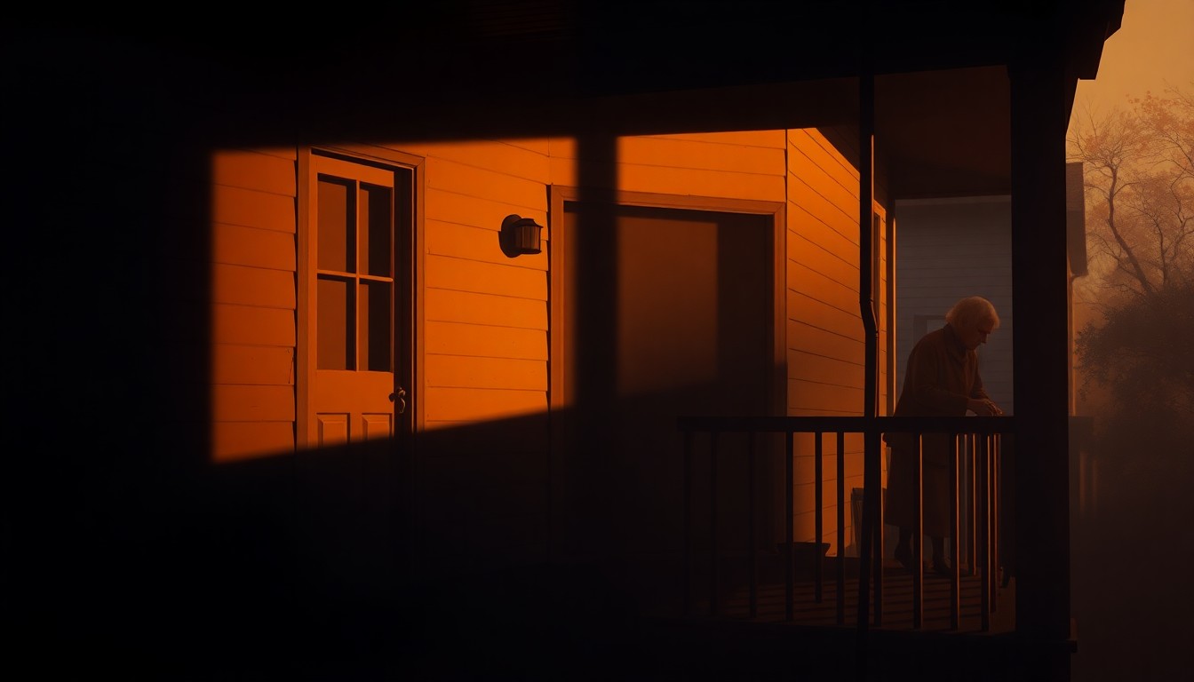 A photorealistic painting in the style of Edward Hopper, depicting an elderly woman's modest home bathed in warm, golden light, with a leaky pipe dripping sewage onto the porch, conveying a sense of quiet desperation and the impact of municipal infrastructure failures on vulnerable residents.