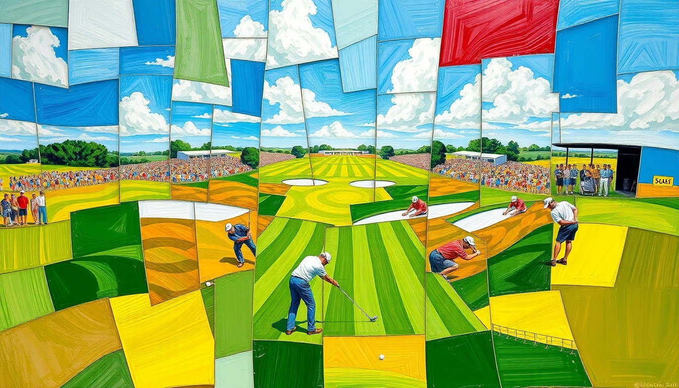 A fragmented, geometric painting depicting a golf tournament scene with overlapping planes of color representing the fairways, sky, and players' uniforms.
