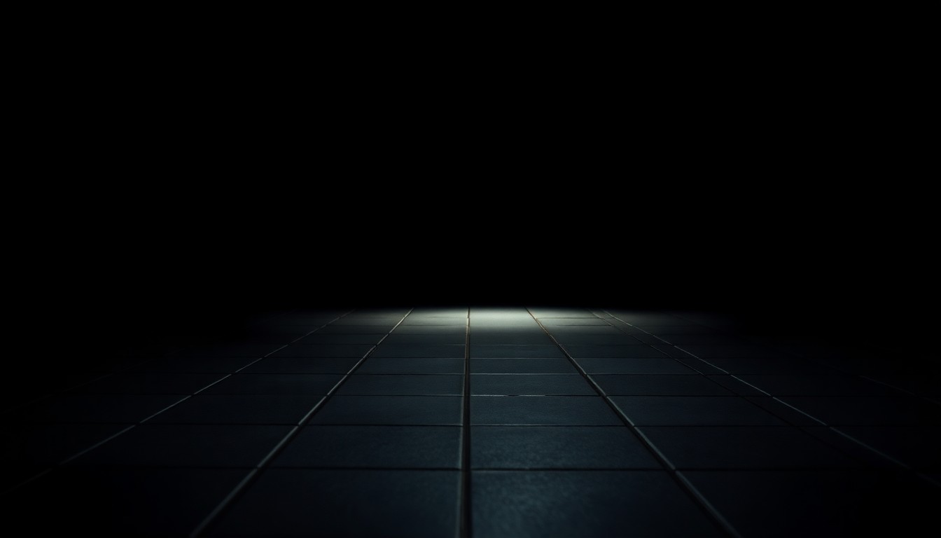 An extreme close-up photograph of a classroom floor tile, lit by a harsh, direct camera flash against a pitch-black background, creating a stark, gritty, investigative aesthetic.