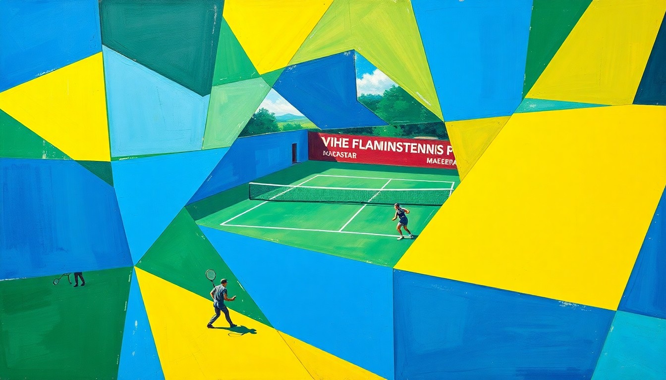 A cubist-style painting featuring overlapping geometric shapes and planes in shades of blue, green, and yellow, representing the dynamic action and competitive spirit of a tennis match.