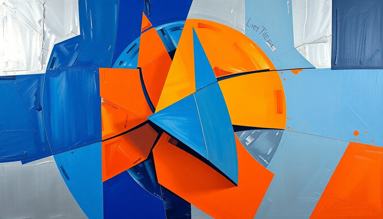 A fractured, cubist-style painting depicting the dynamic movement and energy of a basketball game, with sharp geometric shapes in vibrant colors representing the players and action on the court.