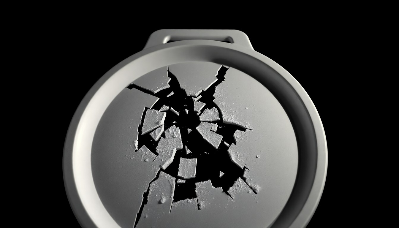 An extreme close-up of a shattered plastic picnic cooler lid, reflecting a harsh, direct camera flash in the dark, conceptually illustrating the violent incident that led to a former police officer's conviction.