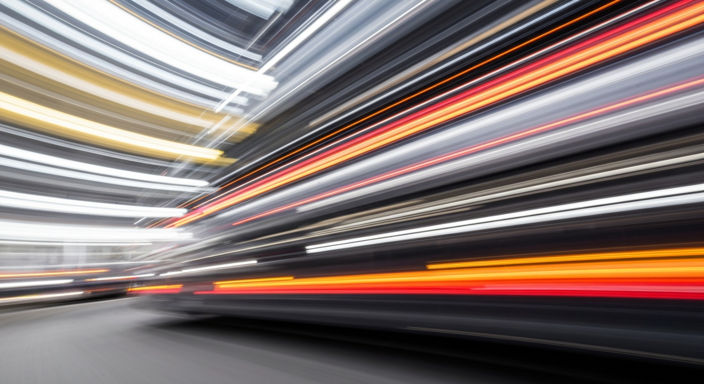 An abstract, blurred image of a vehicle in motion, conveying a sense of speed and energy through sweeping streaks of color.