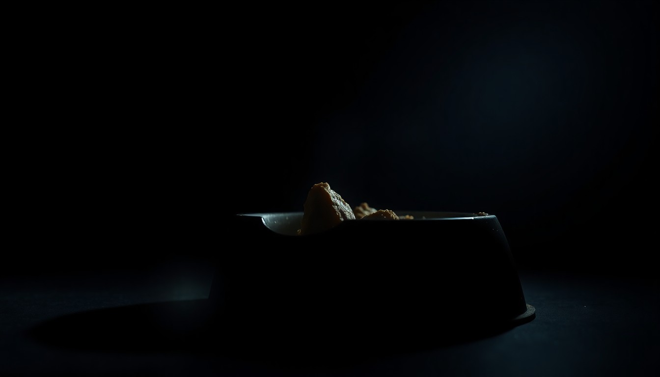 An extreme close-up photograph of a damaged pet food bowl, its surface reflecting the harsh light of the camera flash, conveying the somber and disturbing nature of the animal cruelty investigation.