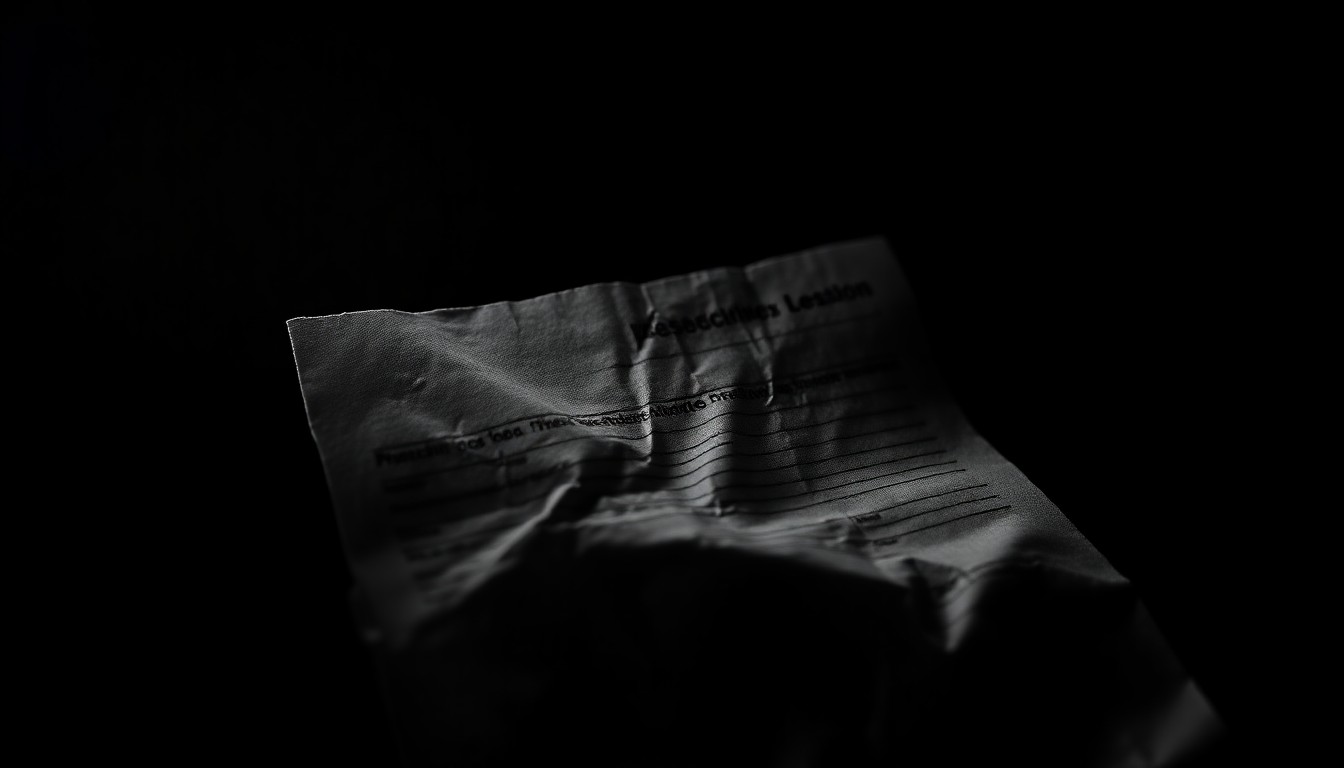 An extreme close-up photograph of a crumpled rental document lit by a harsh flash, conveying the gritty, investigative nature of this crime story without depicting any actual violence or victims.