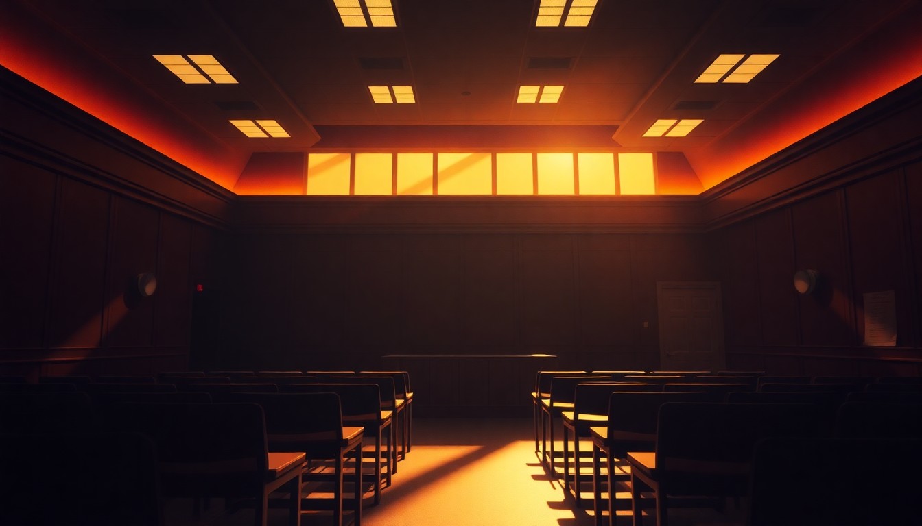 A serene, dimly lit interior space with wooden benches and a raised dais, the warm light casting long shadows across the room, conveying a sense of quiet contemplation and the weight of the judicial process.