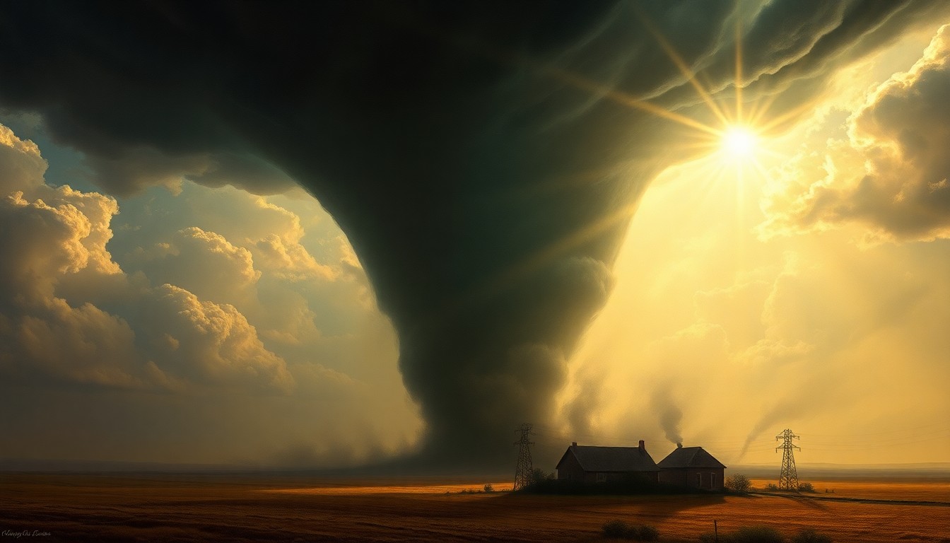 A vast, atmospheric landscape painting depicting a massive, swirling tornado dominating the scene, with the storm's scale and energy dwarfing any physical structures or objects caught within it.