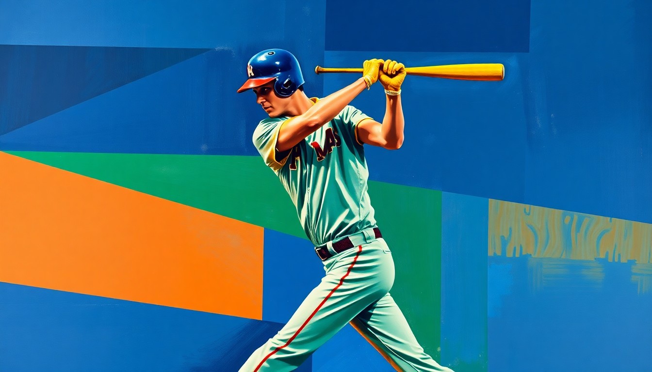 A fragmented, geometric painting depicting a baseball player's batting stance and swing broken down into sharp, overlapping planes of color, conveying the dynamic motion and energy of a hitter finding his rhythm.