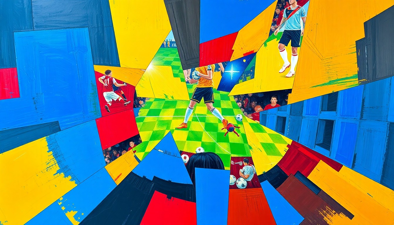 A cubist, geometric painting depicting fragmented and overlapping shapes in vibrant colors, representing the intricate nature of soccer player transfers and the strategic decisions made by clubs.