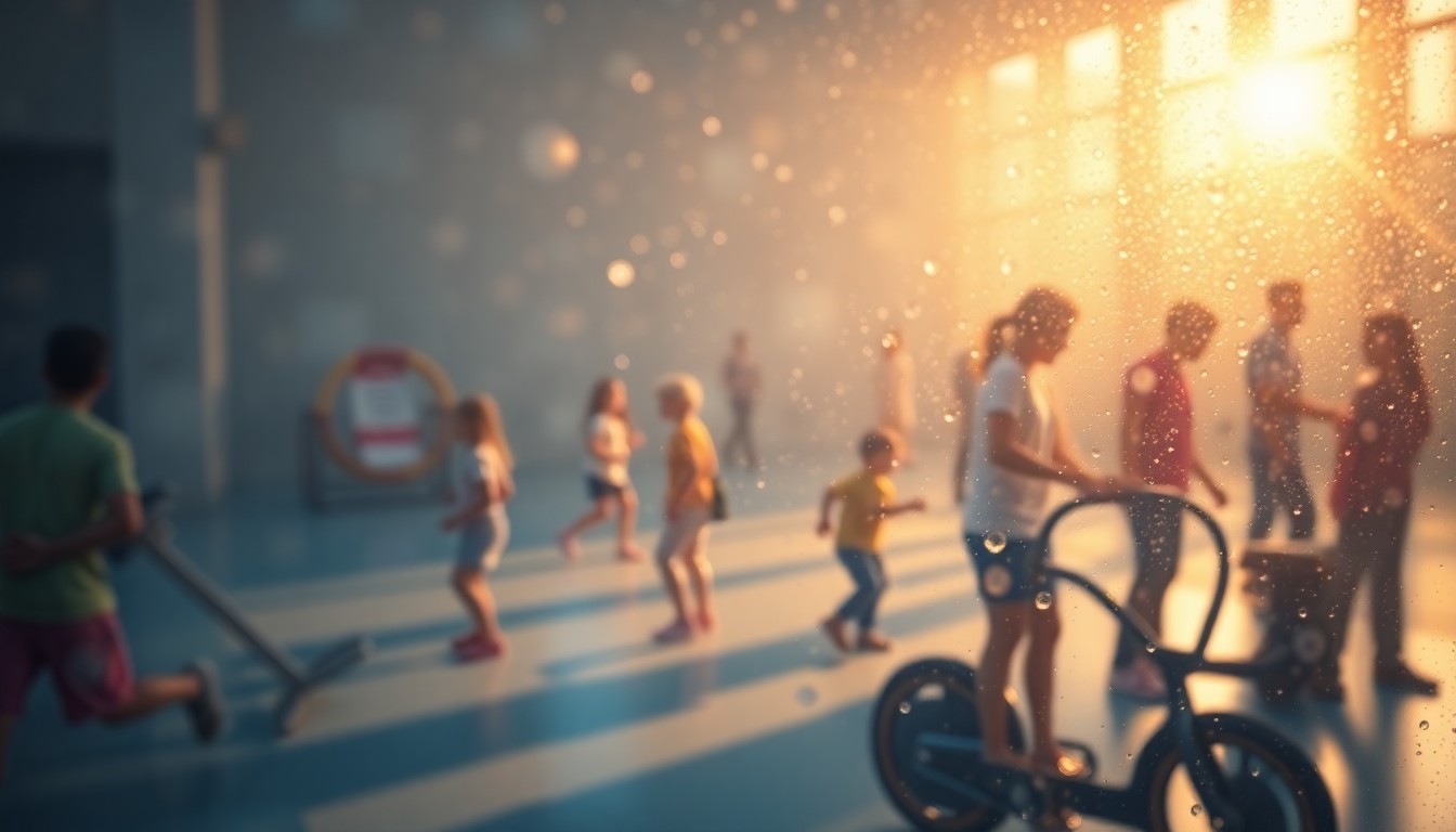 An abstract, impressionistic scene of blurred shapes and colors representing people engaged in various physical activities and interactions, conveying the lively, energetic atmosphere of a community fitness event.
