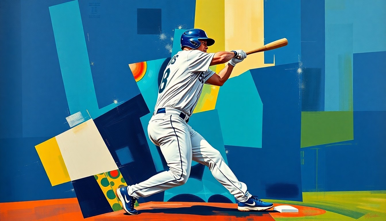 A fragmented, geometric painting depicting a baseball player's motion, with sharp planes of navy blue, teal, and silver representing the Mariners' team colors and the disruption caused by Wisdom's oblique injury.