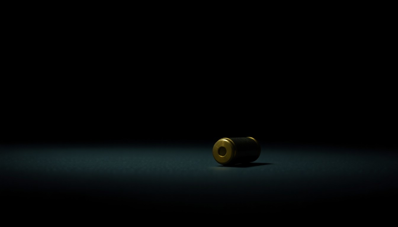 An extreme close-up of a single metallic bullet casing against a completely black background, dramatically lit by a harsh camera flash to create a stark, gritty, and investigative aesthetic.