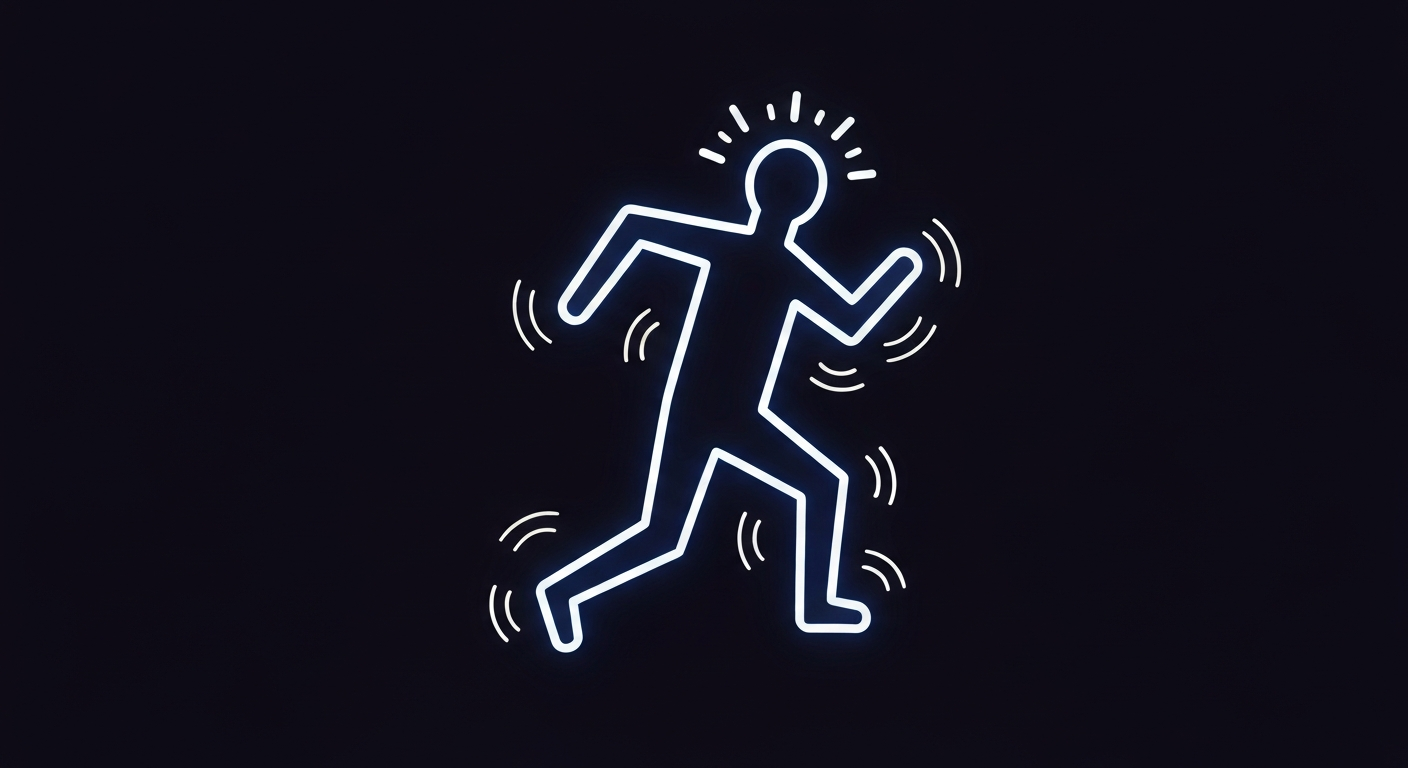 A minimalist, neon-outlined illustration of a human figure in a dynamic, energetic pose, representing the active, health-focused nature of the CoreAge Rx telehealth service. The glowing neon lines against a dark background emphasize the shape and electricity of the figure.