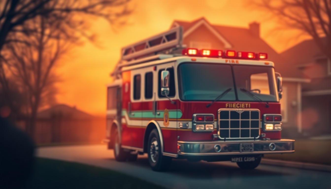 An abstract, impressionistic photograph of a fire truck parked in front of a suburban home, with the scene rendered in soft, warm pools of light and color, creating a dreamlike, atmospheric quality.