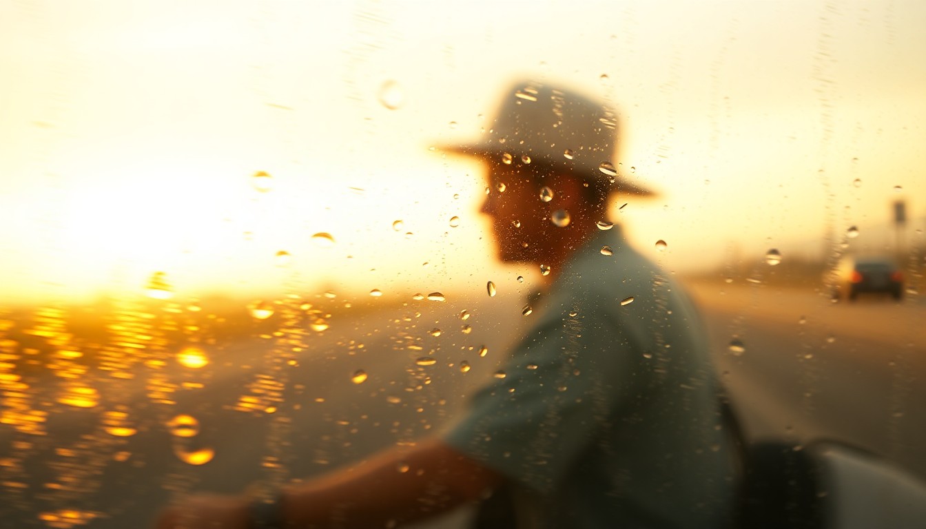 An extremely abstracted, out-of-focus photograph in warm tones, depicting a blurred scene of a worker commuting across the U.S.-Mexico border, with soft pools of light and color conceptually representing the challenges and trade-offs of this cross-border lifestyle.
