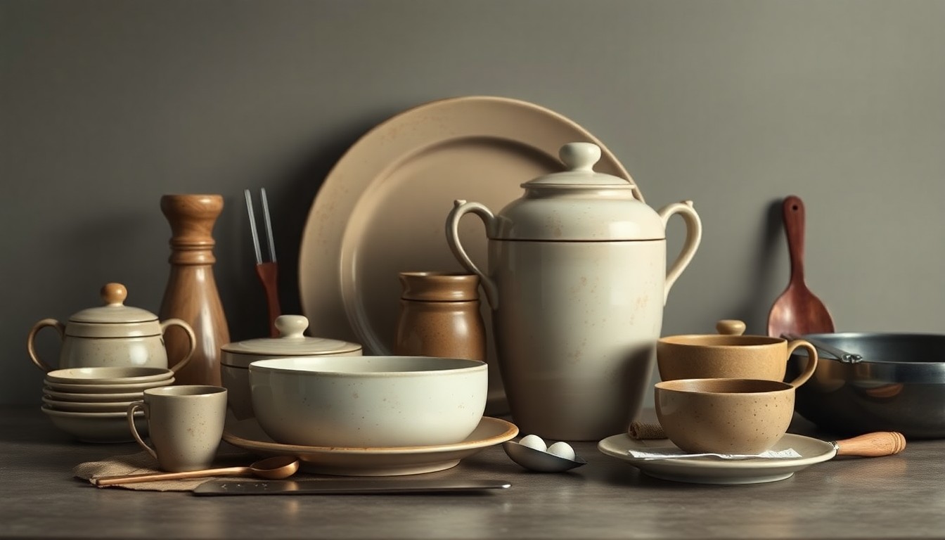 A minimalist, photorealistic studio still-life featuring a collection of premium, polished tableware and kitchen tools in muted earth tones, conceptually representing the transition of ownership and upcoming changes at the Harbor Crab restaurant.