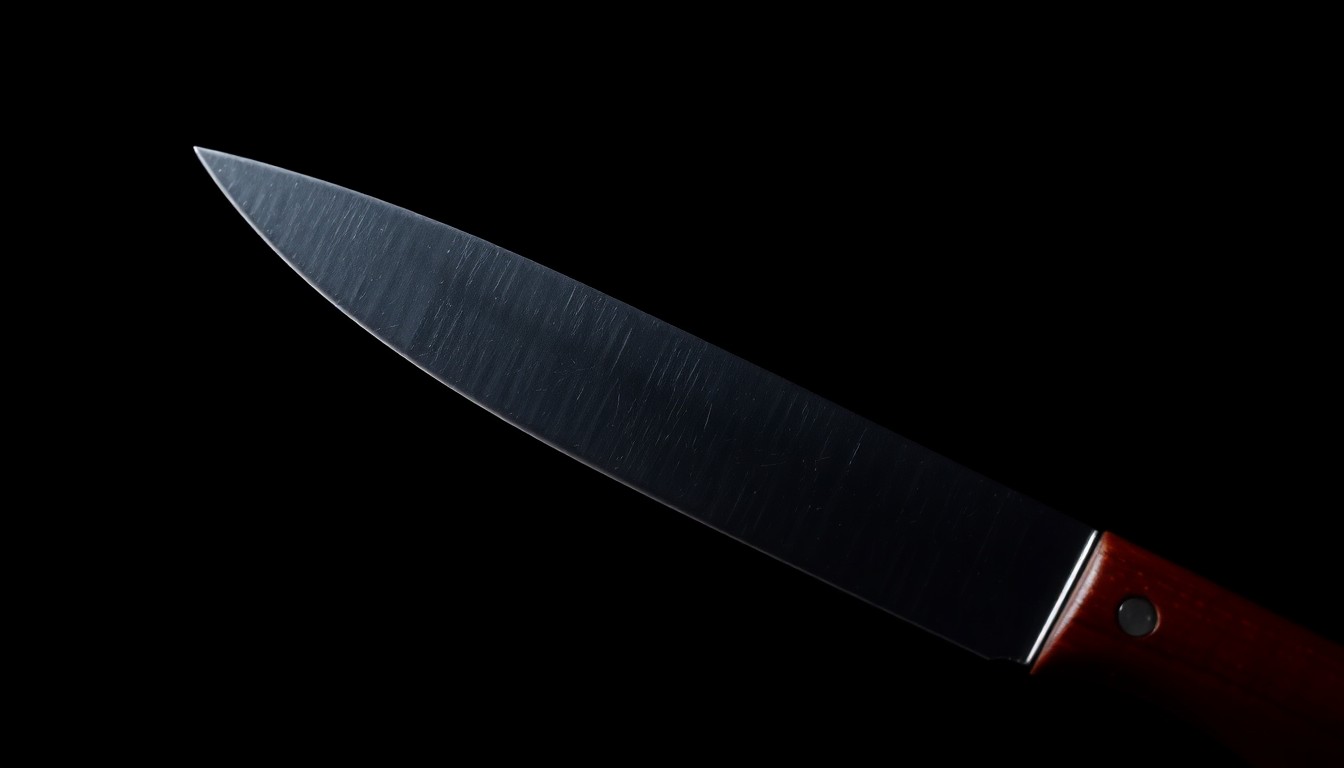 An extreme close-up of a knife blade reflecting a bright flash of light, conceptually representing the violence of a stabbing incident.