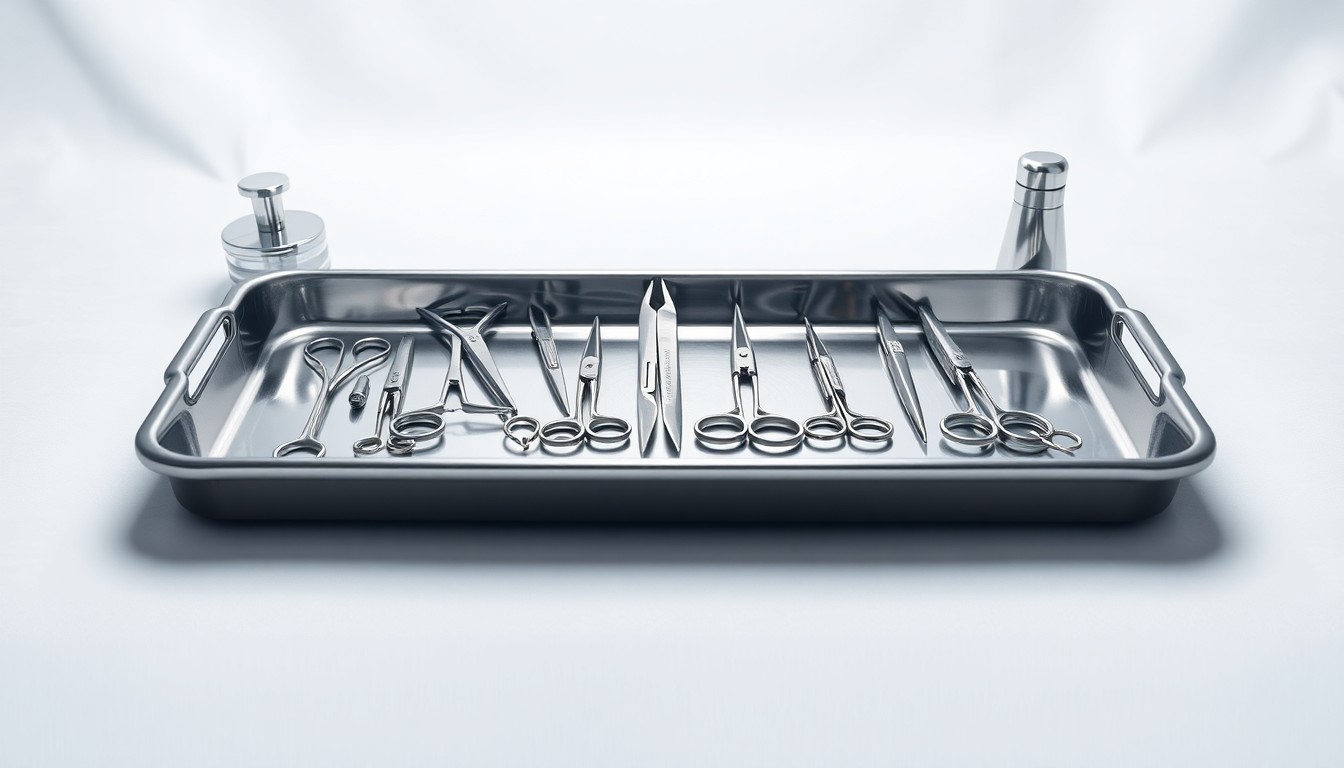 A high-end, photorealistic studio still life featuring a polished stainless steel medical tray with various surgical instruments arranged elegantly on a clean, white background, conceptually representing the precision and care of the medical professionals at University Medical Center.