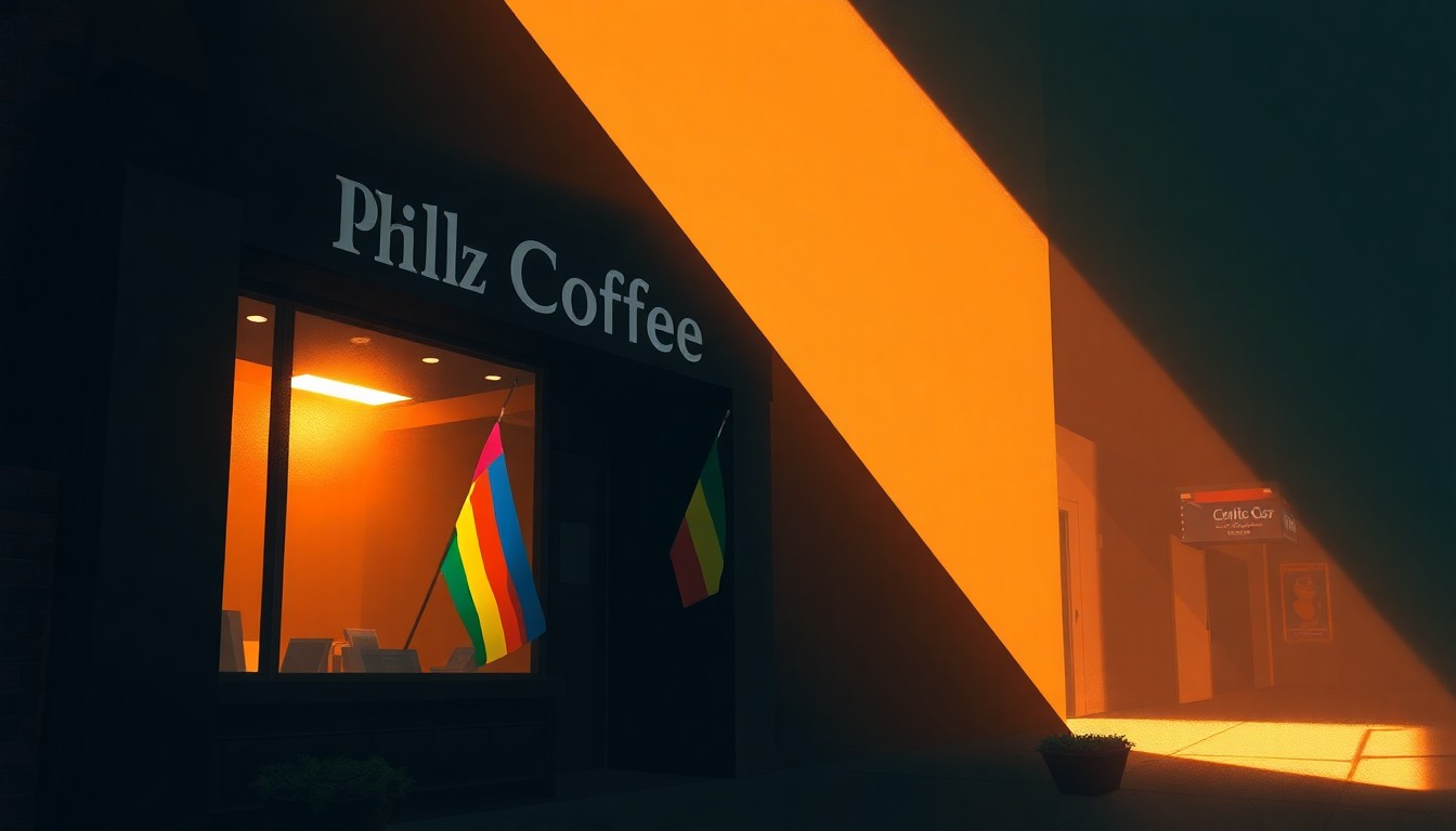 A warm, cinematic painting of a Philz Coffee storefront, with a Pride flag hanging in the window and the store bathed in diagonal sunlight and deep shadows, conceptually illustrating the tension between corporate inclusivity and authentic allyship.