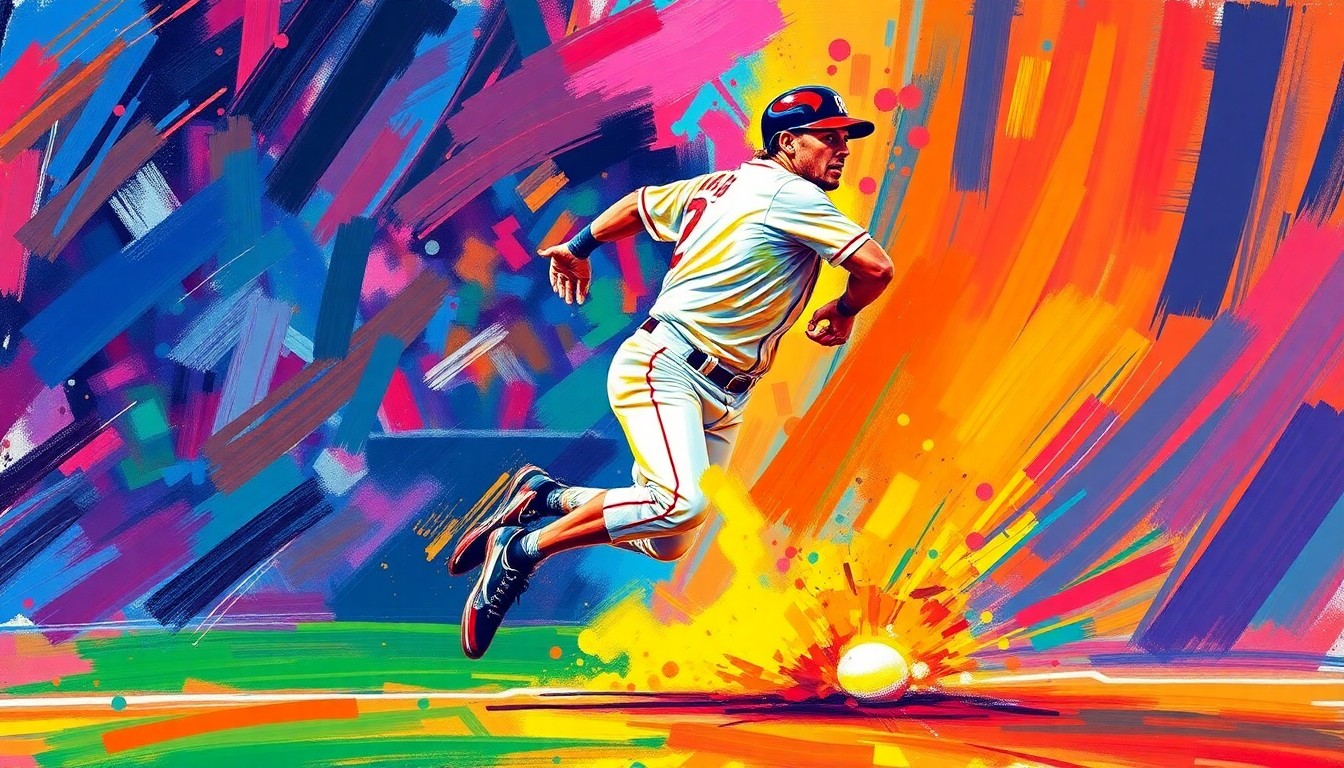 An abstract, textured painting in bright neon colors depicting the dynamic motion of a baseball player running the bases, conveying the raw energy and athleticism of the sport.