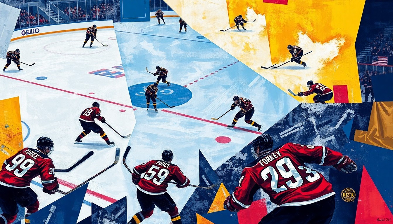 A fractured, cubist-style painting depicting the intense action of a USHL hockey game, with players' bodies and equipment broken down into sharp geometric shapes and planes of vibrant team colors.