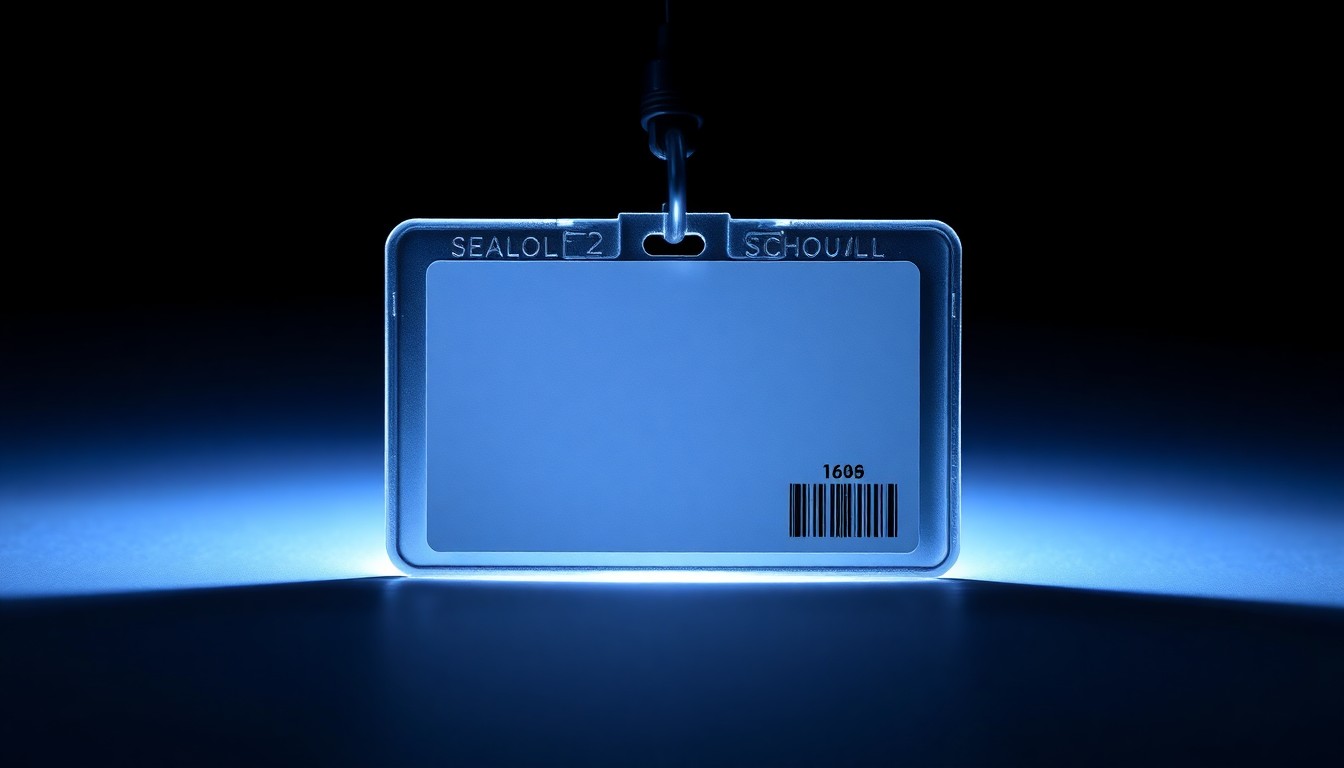 An extreme close-up photograph of a school security badge or keycard, its metallic details and plastic casing sharply illuminated against a pitch-black background, conceptually representing the legal consequences faced by a school district over an alleged campus assault.