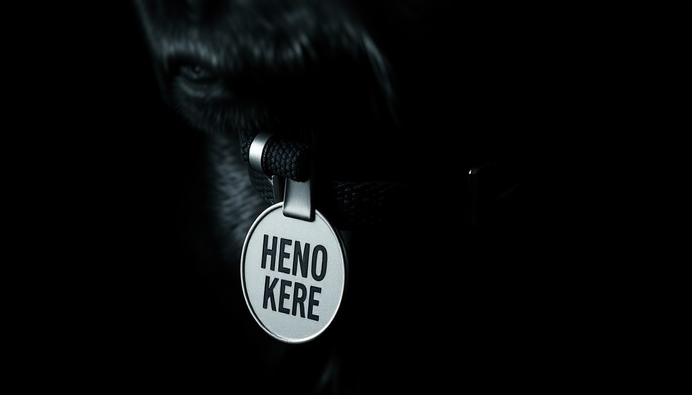 An extreme close-up photograph of a K9 collar and tag, capturing the rugged texture and metallic details in dramatic lighting to convey the serious, investigative nature of the K9 unit's work.