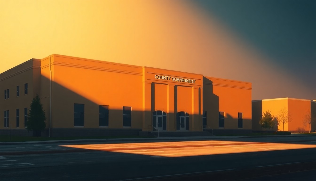 A photorealistic painting of a government building with a classic mid-20th century architectural style, the exterior bathed in warm, golden light and deep shadows, conveying a sense of quiet civic duty and administrative function.
