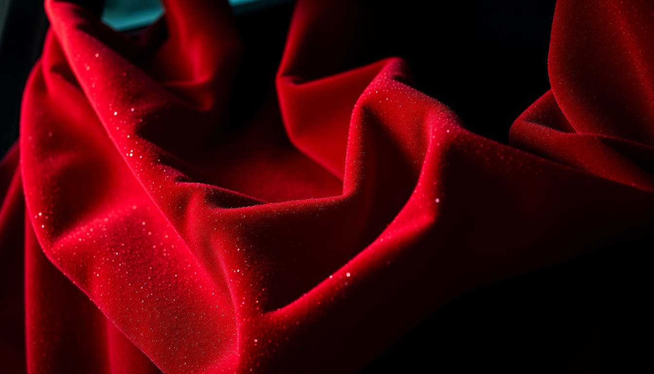 An extreme close-up photograph of a crumpled, glittering piece of red velvet fabric, using dramatic lighting to create a luxurious yet confined visual metaphor.
