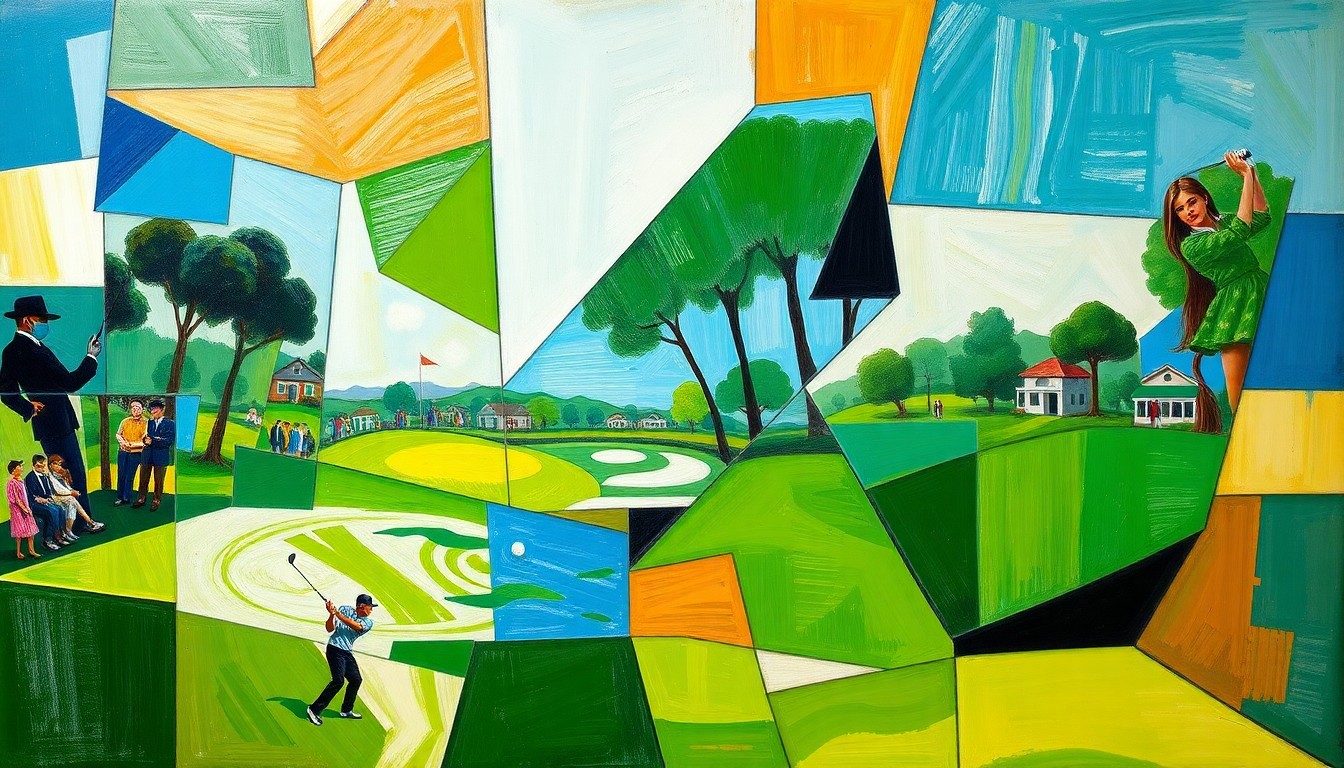 A cubist-style painting depicting a golf tournament scene broken down into sharp, overlapping geometric shapes and planes in vibrant greens, blues, and browns, conveying the dynamic energy and competition of the event.