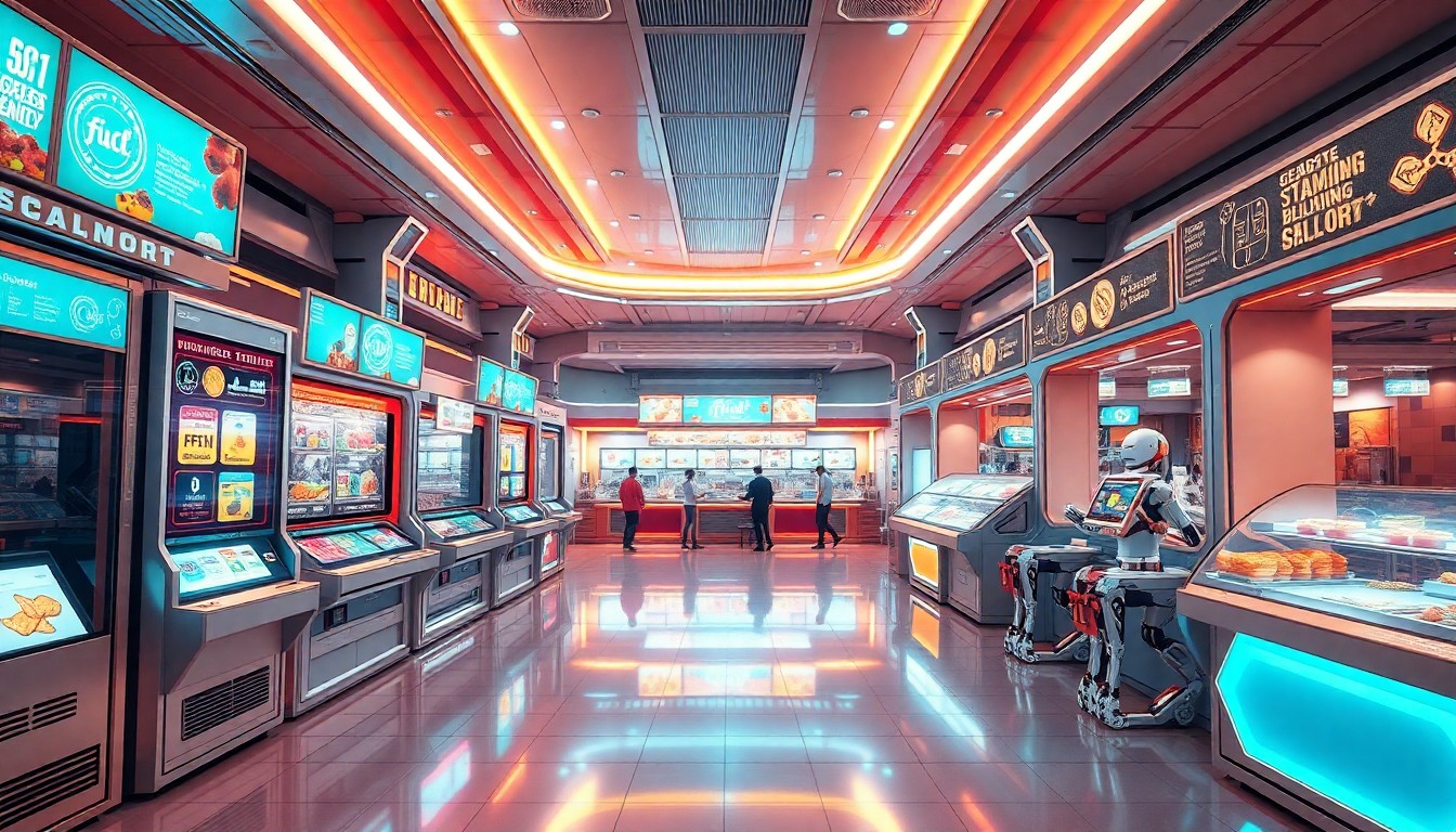A highly detailed, glowing 3D illustration of a futuristic food hall interior, with neon-lit digital kiosks, holographic menus, and robotic food delivery systems, conceptually representing the technological innovation of the Wonder dining experience.