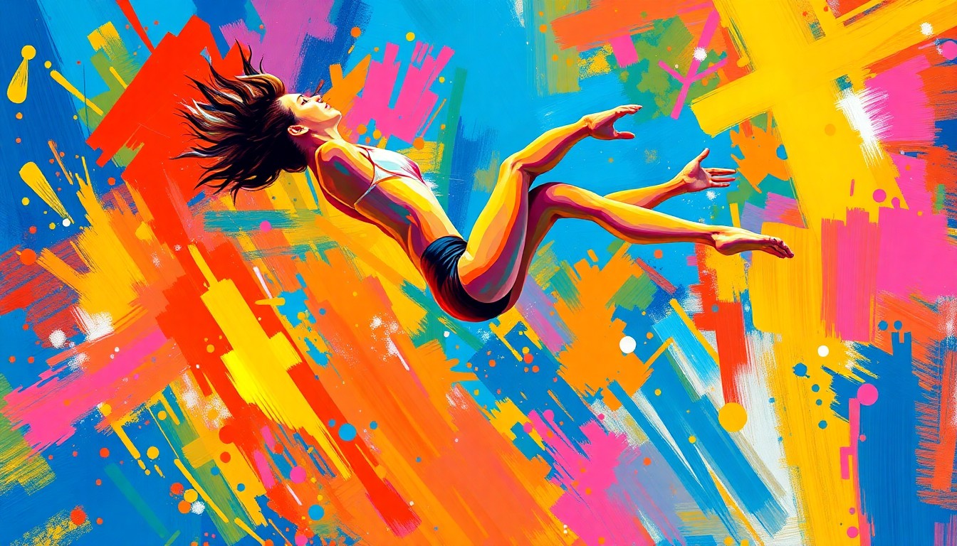 An extreme close-up of Keira Wells' body twisting and contorting in mid-air during her vault routine, captured in a vibrant, expressionist painting style using rapid brushstrokes and neon colors to convey the power and dynamism of her performance.