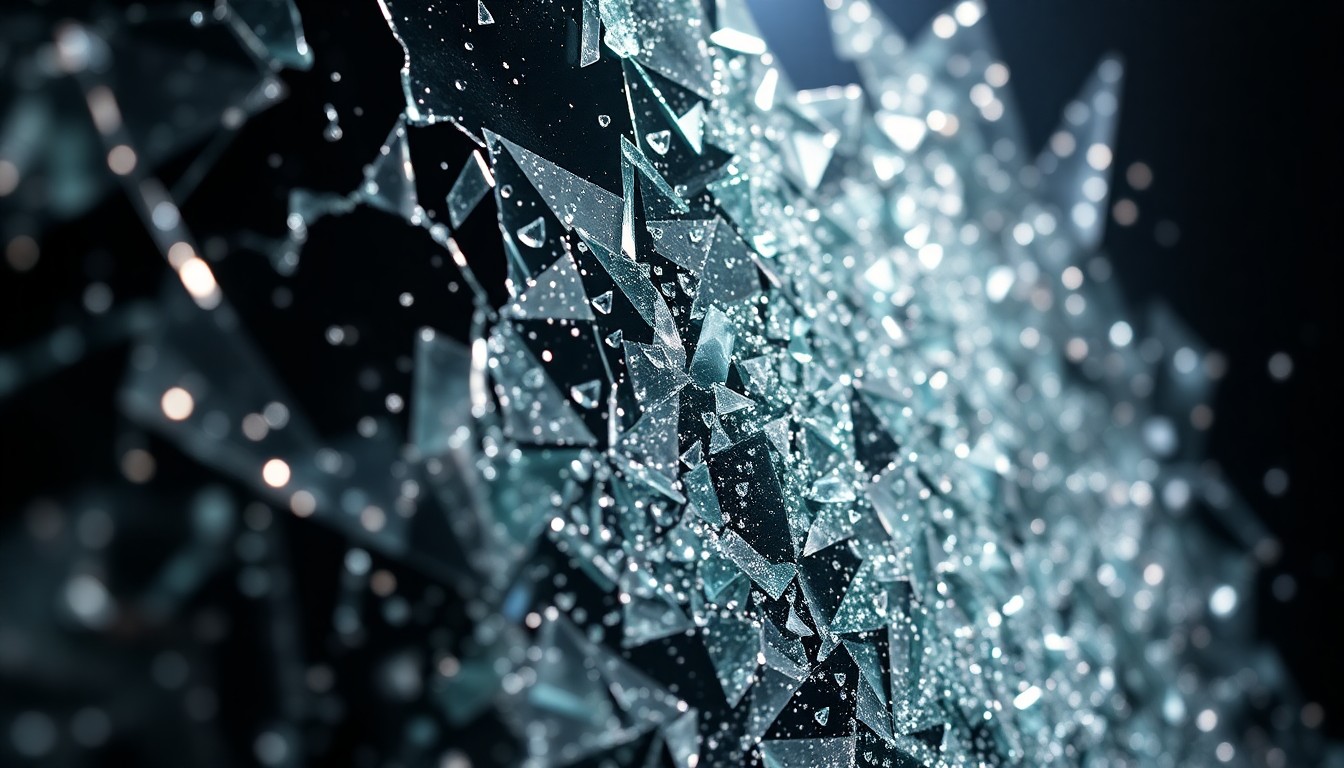 An extreme close-up of shattered glass or glittering sequins in dramatic, high-contrast studio lighting, conceptually representing the surreal and dreamlike qualities of the art exhibition.