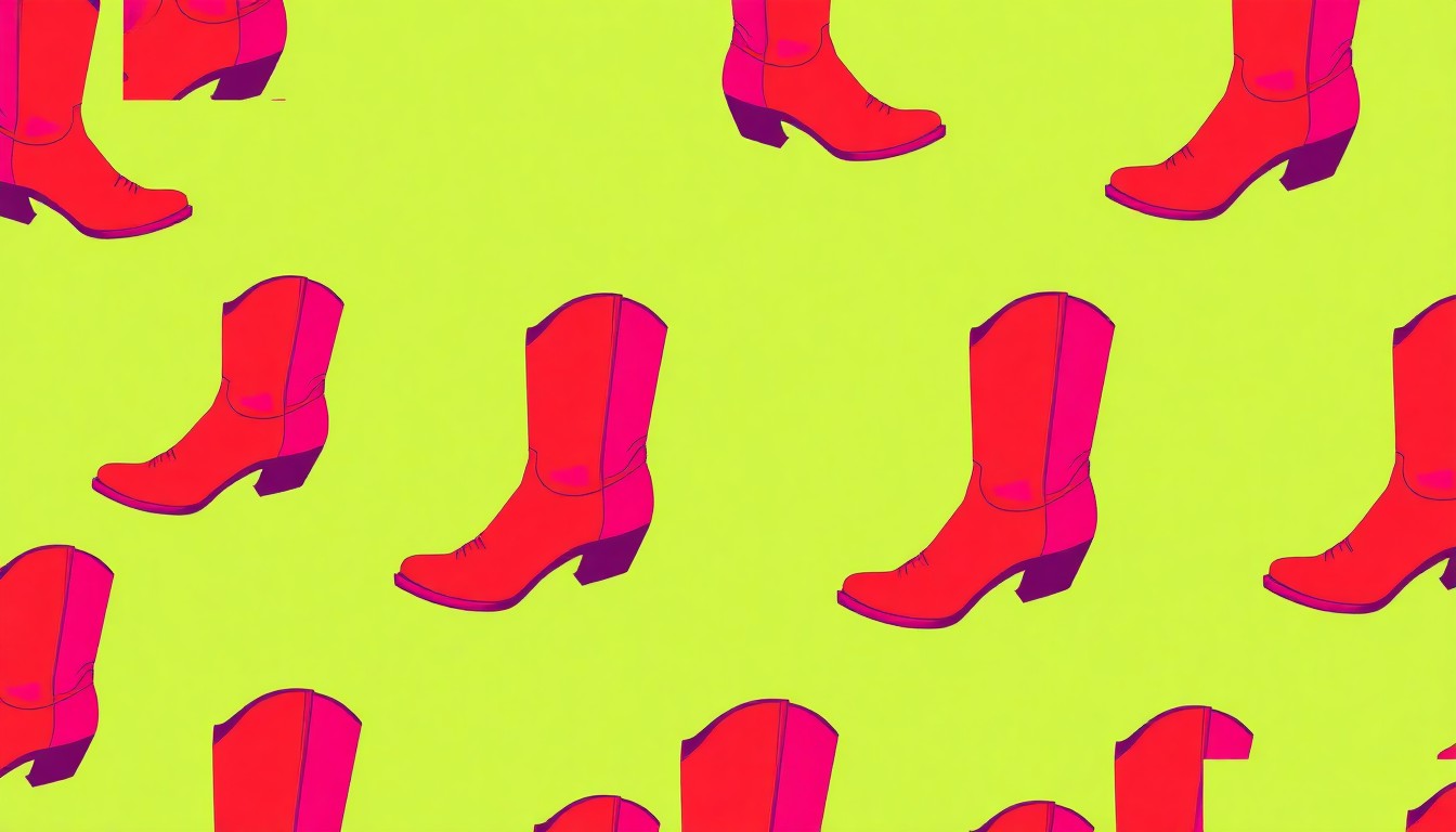 A bold, colorful silkscreen print featuring a single cowboy boot repeated in a grid pattern, capturing the iconic Texas lifestyle and craftsmanship that will be on display at the new Republic Wine Castle.