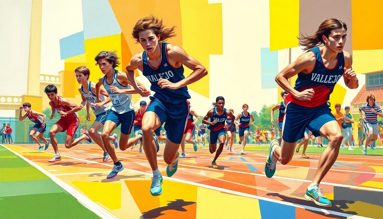 A fragmented, geometric painting depicting the motion and intensity of a high school track and field competition, with bold colors and overlapping shapes representing the Vallejo Redhawks' determined effort.