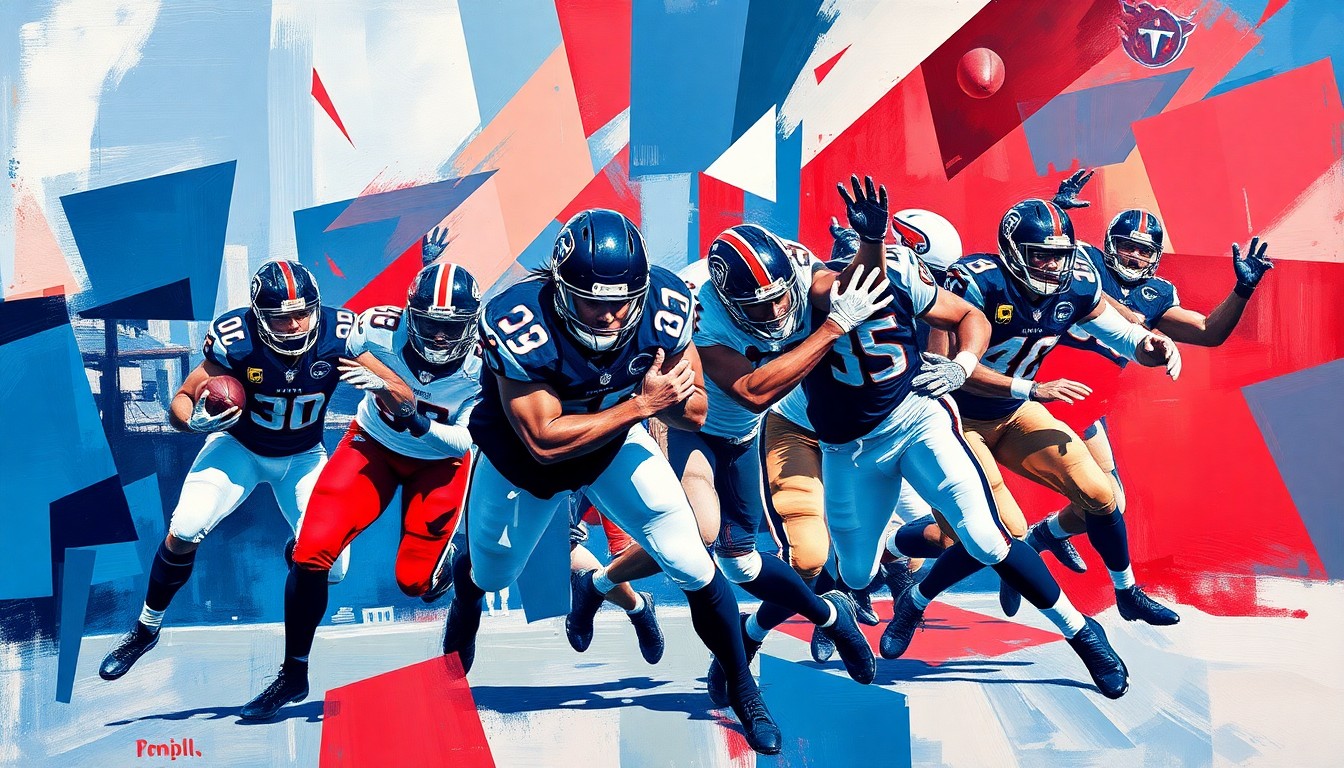 A fragmented, geometric painting in the style of Pablo Picasso, using sharp planes of navy blue, red, and white to represent the complex decisions facing the Titans' front office as they prepare for the NFL Draft.