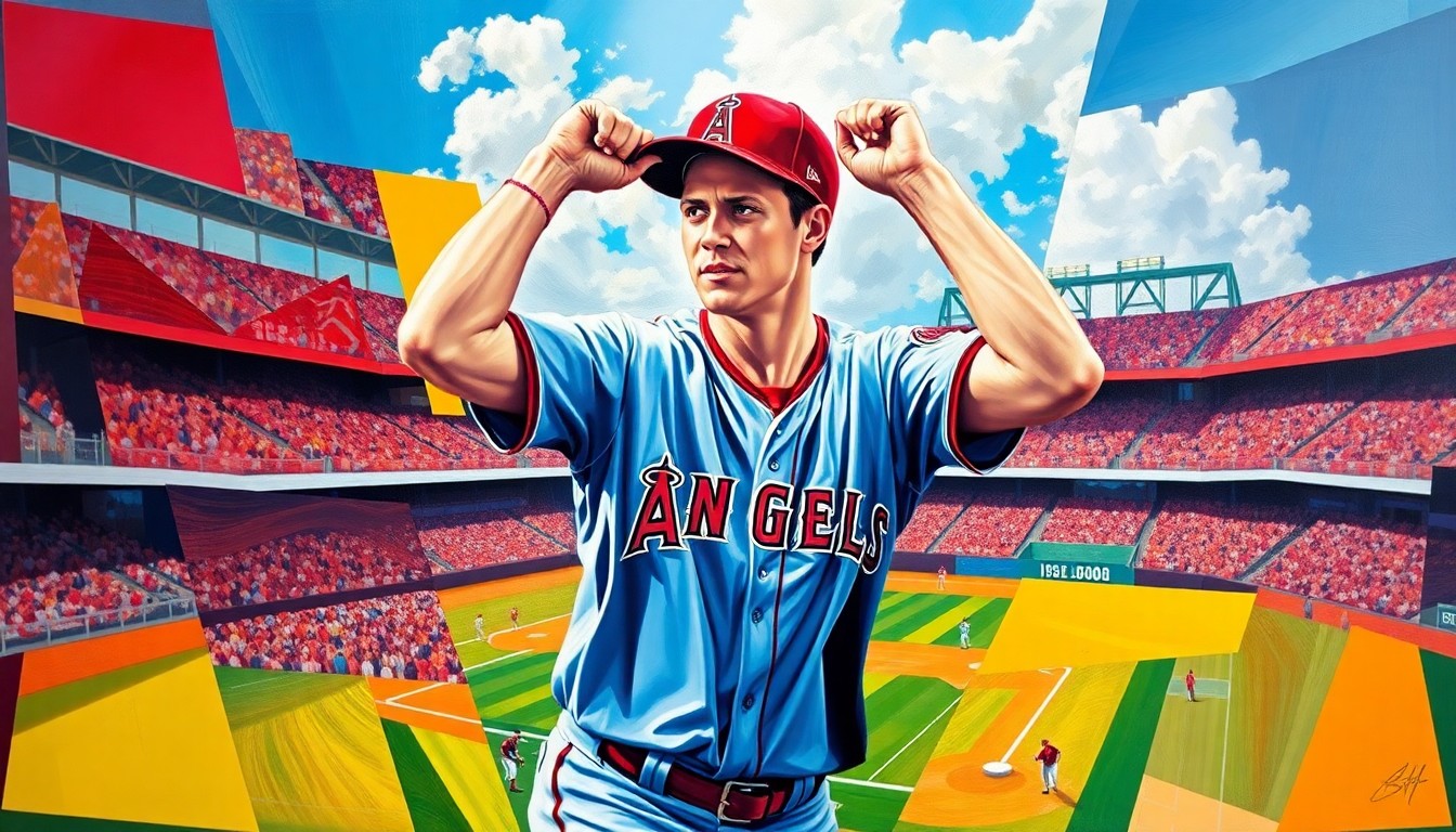 A fractured, multi-perspective painting depicting Garret Anderson's baseball career with the Angels, broken down into sharp, overlapping geometric planes of vibrant colors representing the team's uniforms and stadium.
