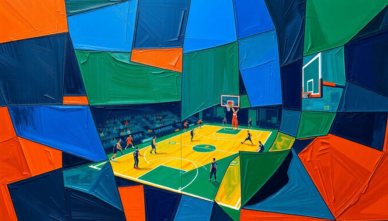 A cubist-style painting featuring overlapping geometric shapes and planes in navy, green, and orange, conceptually representing the dynamic action and movement of a basketball game or match.