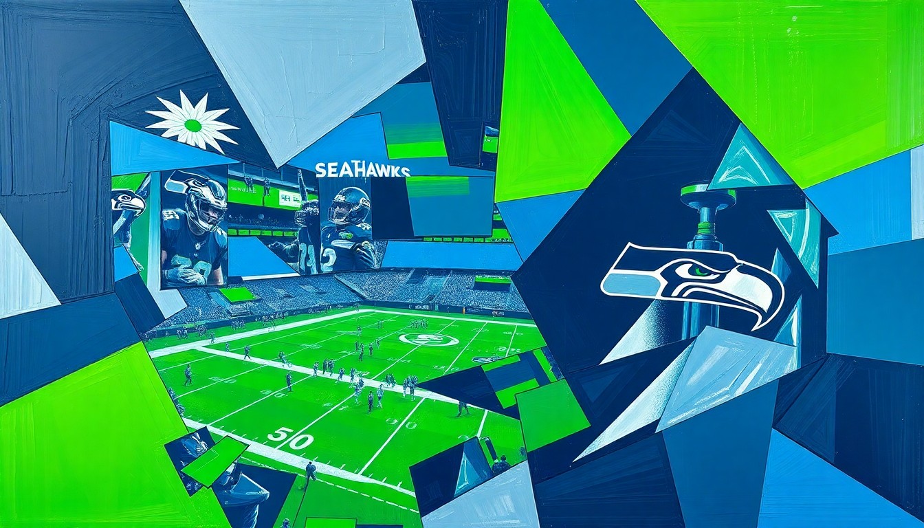 A cubist, geometric painting depicting a fragmented Seattle Seahawks football game, with sharp planes of navy blue, neon green, and silver overlapping to create a dynamic, abstract visual representation of the team's championship aspirations.