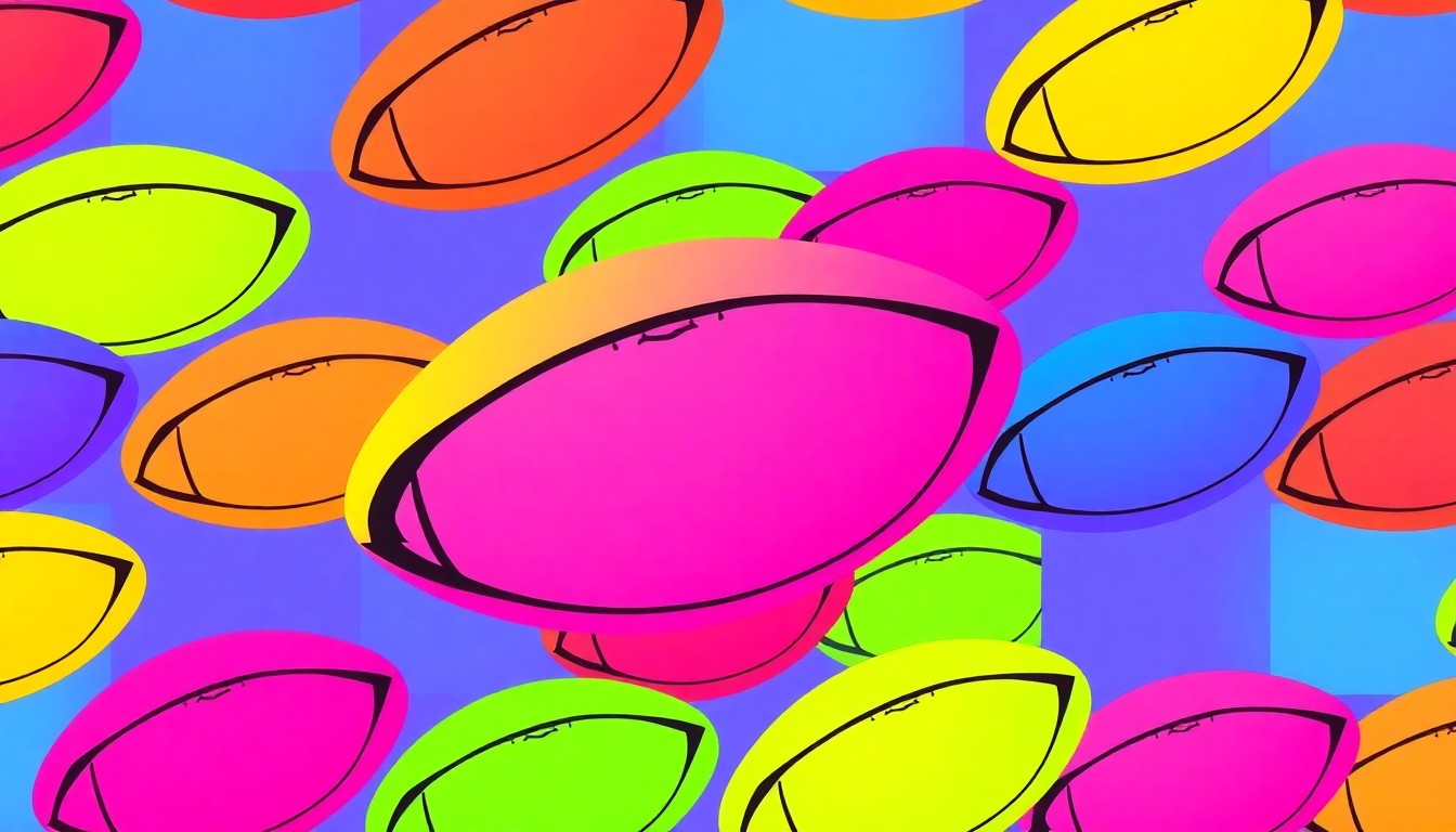 A brightly colored, high-contrast silkscreen print of a rugby ball repeated in a tight grid pattern, representing the iconic sports equipment that will be part of the new athletic facilities at St. Joseph's Prep.