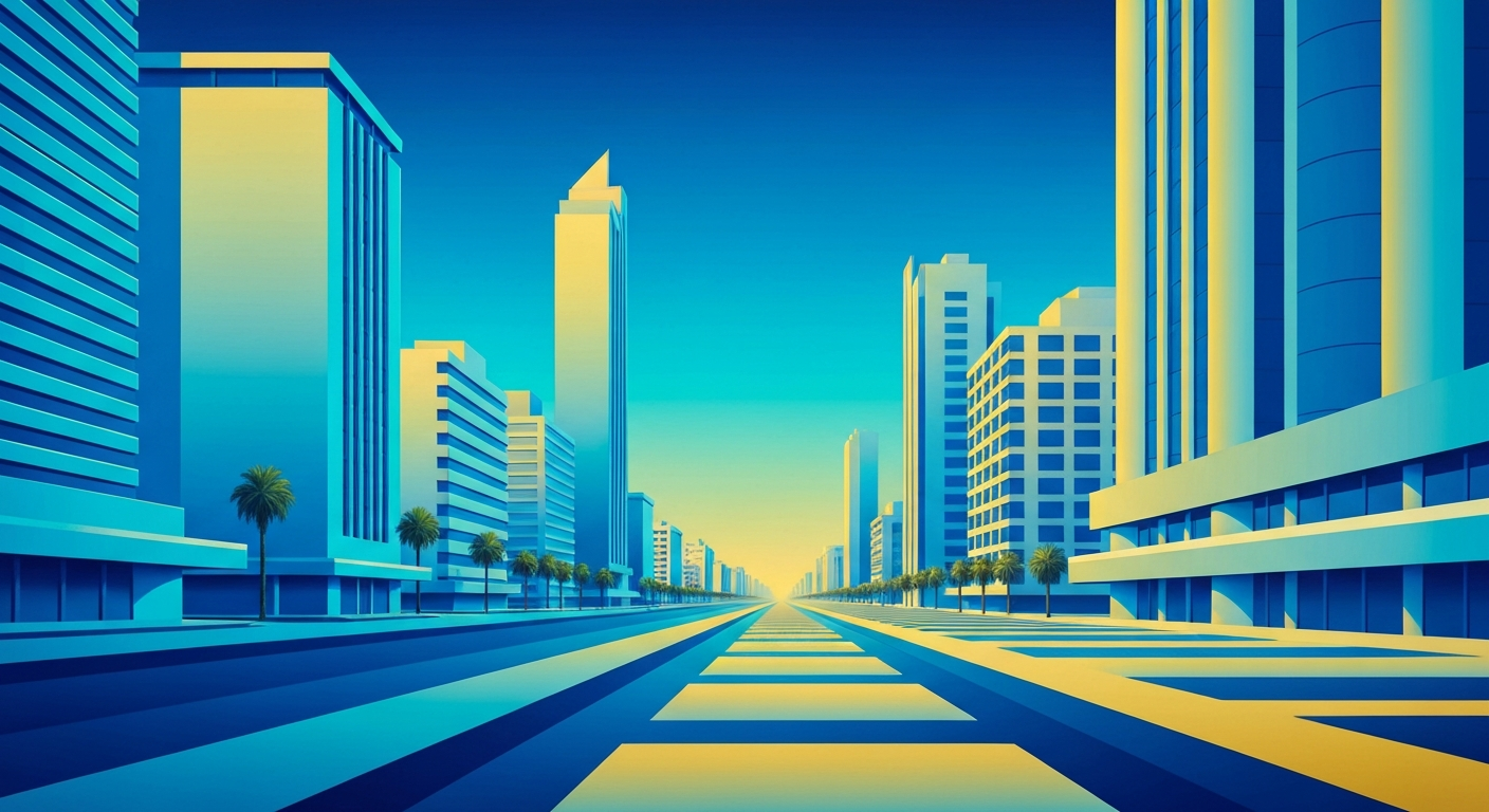 A bold, geometric illustration in shades of blue and gold, depicting the grand, sweeping scale of a coastal beach town with towering, streamlined architectural forms, conceptually representing the debate over new travel fees.