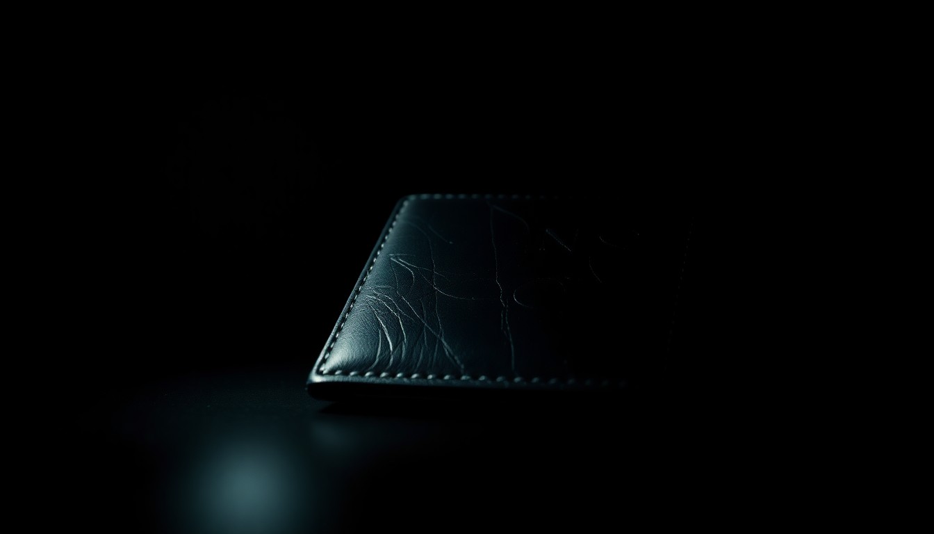 An extreme close-up photograph of a wallet or other small personal item related to the robbery, lit by a harsh, direct camera flash against a pitch-black background, creating a stark, gritty, investigative aesthetic.
