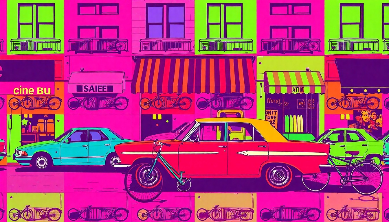 A high-contrast silkscreen print in neon colors depicting a repeating grid of stylized bicycle and car icons, conceptually representing the competing priorities of pedestrian, cyclist, and vehicle infrastructure in the Franklin Boulevard construction project.