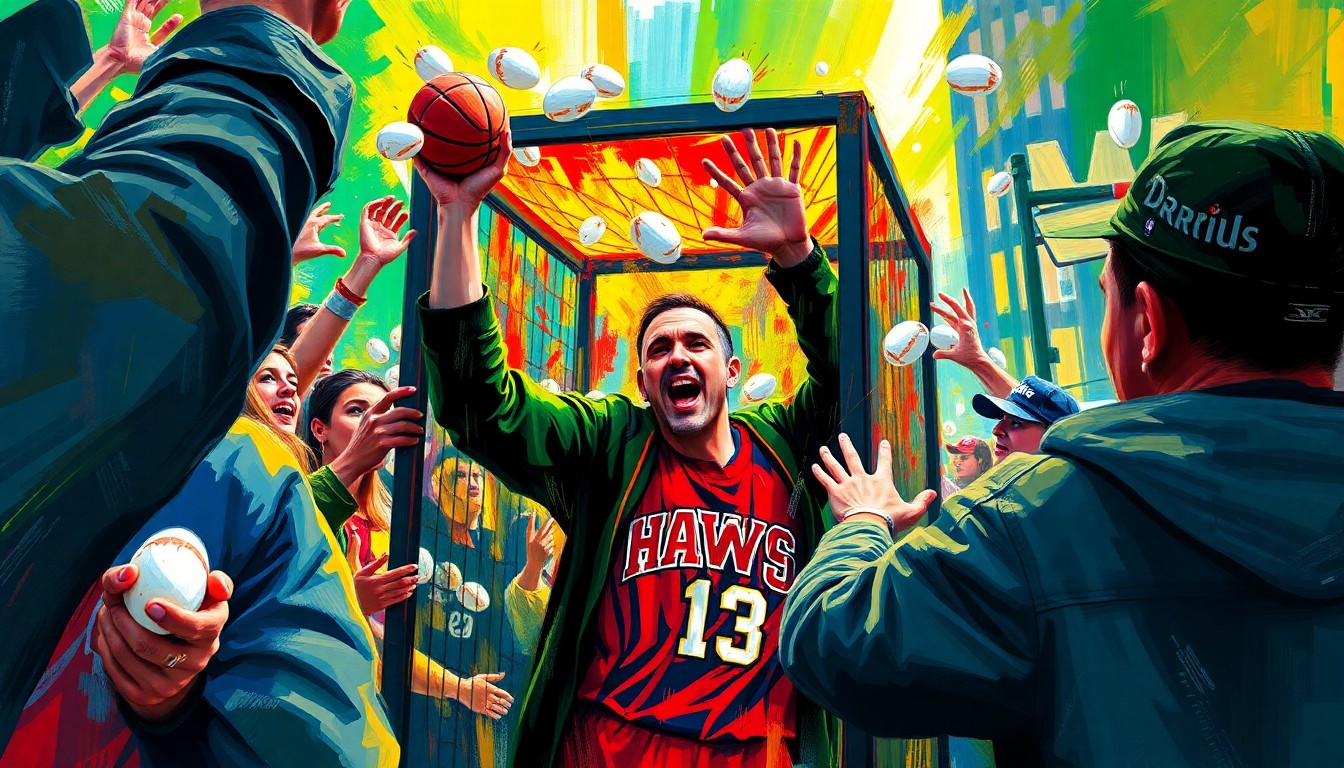 An abstract, energetic painting featuring bold, neon-colored brushstrokes and splatters, conceptually representing the chaotic scene of Knicks fans aggressively hurling eggs at a comedian trapped in a protective cage outside Madison Square Garden.