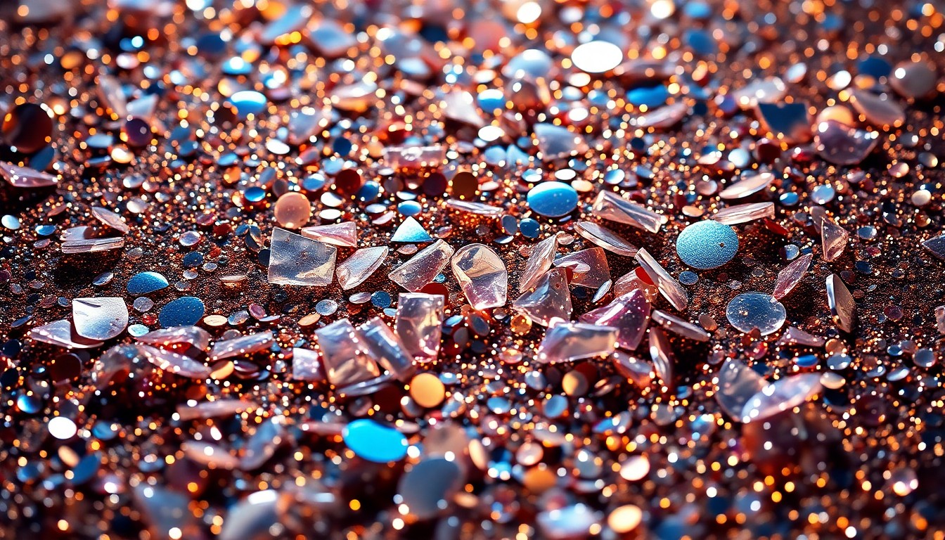 An abstract close-up photograph of shimmering sequins and shattered glass, capturing the glitz and glamour of celebrity culture.