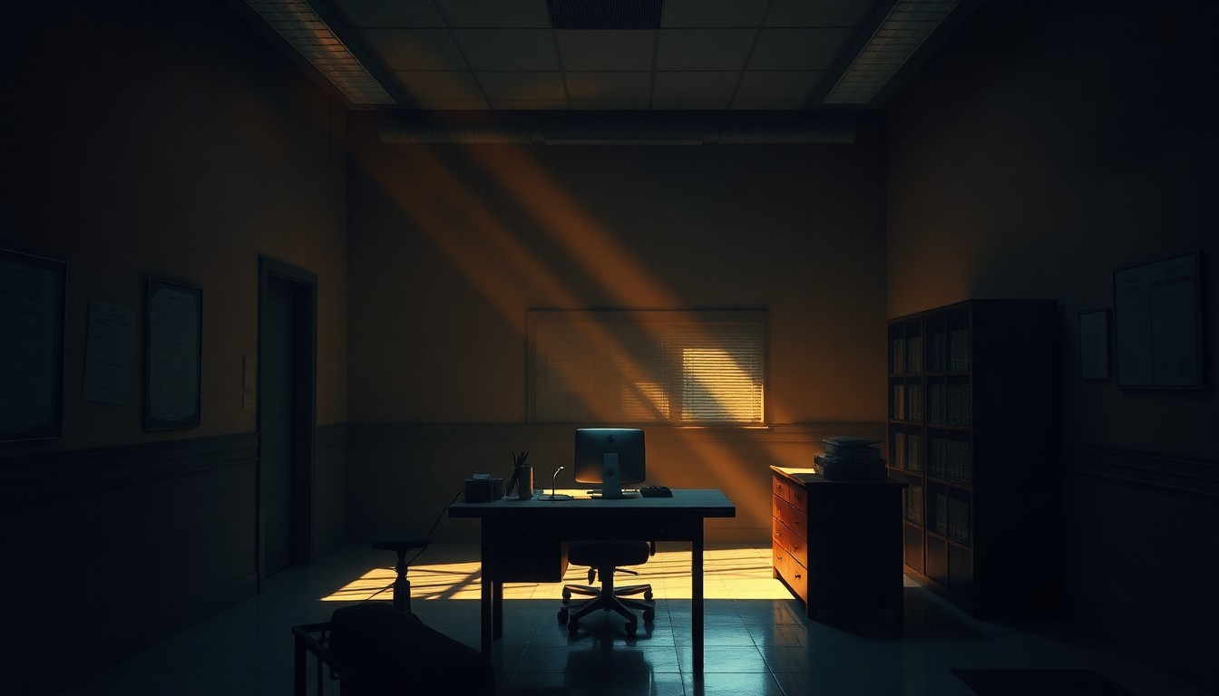 A moody, cinematic painting of a cluttered desk in a dimly lit government office, with a lone chair and a window casting warm, diagonal light across the scene, creating a sense of mystery and unease around the unexplained disappearances of scientists.